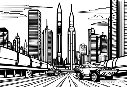 coloring page of HIMARS rocket launcher in a futuristic environment with a city skyline in the background