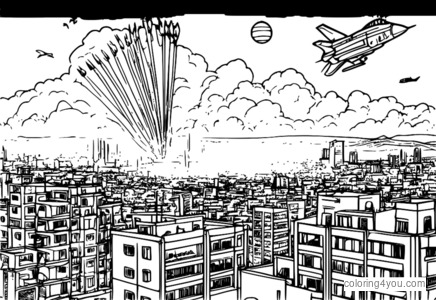 Ilustração do Iron Dome em ação, com nuvens fofas e uma movimentada Faixa de Gaza ao fundo