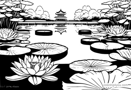 Coloring page of a Japanese-style garden with multiple water lily flowers