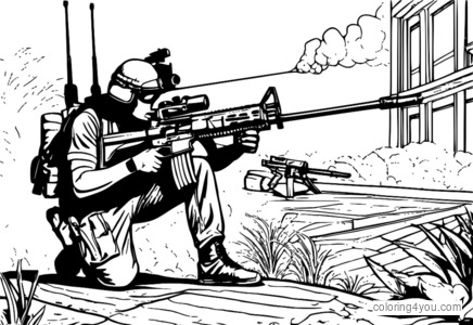 M249 SAW machine gun firing coloring page para sa mga bata at matatanda