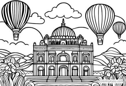 Mexican flag coloring page with balloons and streamers