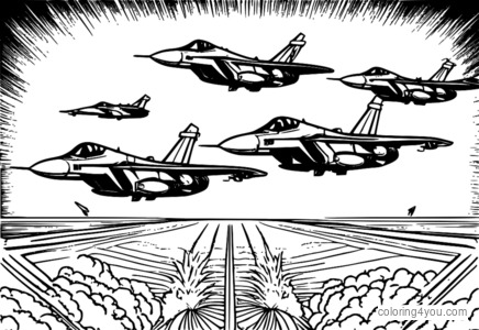 Coloring page of multiple J-20 jets flying in formation