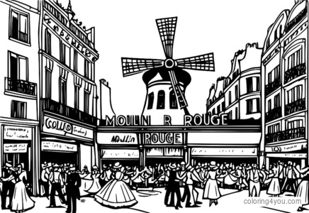 coloring page of street performers at moulin rouge