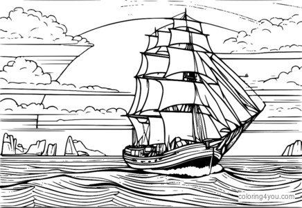 The Fighting Temeraire coloring page for kids, a ship sailing at sunset with a bright sky and sea.