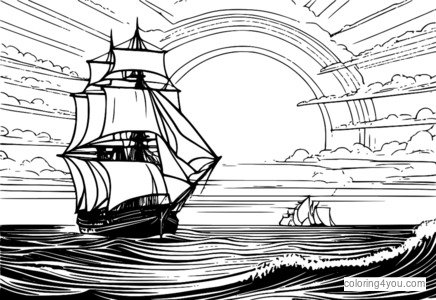 Le coloriage Fighting Temeraire, un navire naviguant au coucher du soleil avec un ciel et une mer spectaculaires.