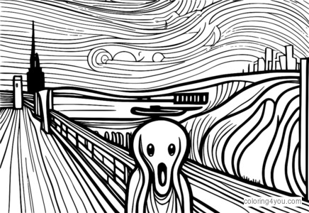 The Scream coloring book, vibrant colors, bold shapes, abstract expressionism