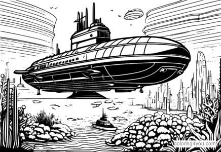 Coloriage Sous-marin type 093 dans une ville sous-marine futuriste