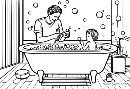 Vector illustration of a father and child playing with bubbles in a bathtub